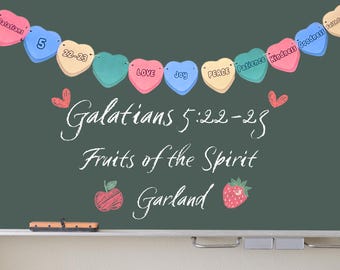 Valentines day Garland, Galatians 5 Fruits of the Spirit Candy Classroom Decor, Sweet Sunday school Chalkboard  printable, Saint Valentine