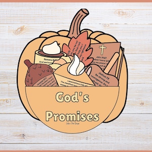 May include: A fall-themed illustration featuring a pumpkin shape with the words "God's Promises." Inside the pumpkin are various elements, including a cross, leaves, and text from the Bible. The color palette includes orange, brown, and white.