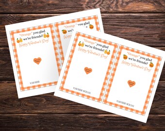 Valentines day fruit snack card printable Orange you glad we're friends kids classroom exchange editable template gift party favor