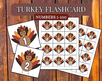 Tarjetas didácticas para contar hasta 100, números de pavo para aprender, tarjetas didácticas de otoño para niños, material Montessori de otoño, digital