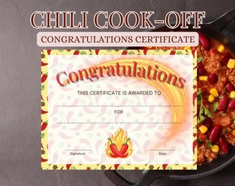 Printable Chili Cook-Off Certificate Award, Winner of Games, Best Chili Award, Cook Off Award Printable for Number one Chili Potluck Award