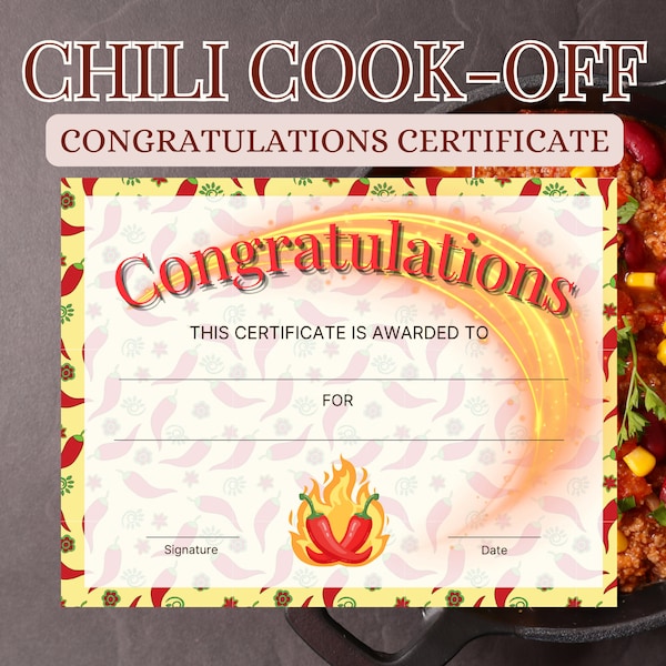 Printable Chili Cook-Off Certificate Award, Winner of Games, Best Chili Award, Cook Off Award Printable for Number one Chili Potluck Award