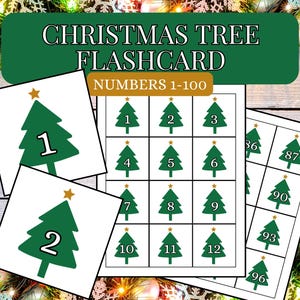 Conta fino a 100 numeri Flashcards, numeri di apprendimento di Natale, flashcard di conteggio stampabili per le vacanze per bambini, materiale Montessori, albero