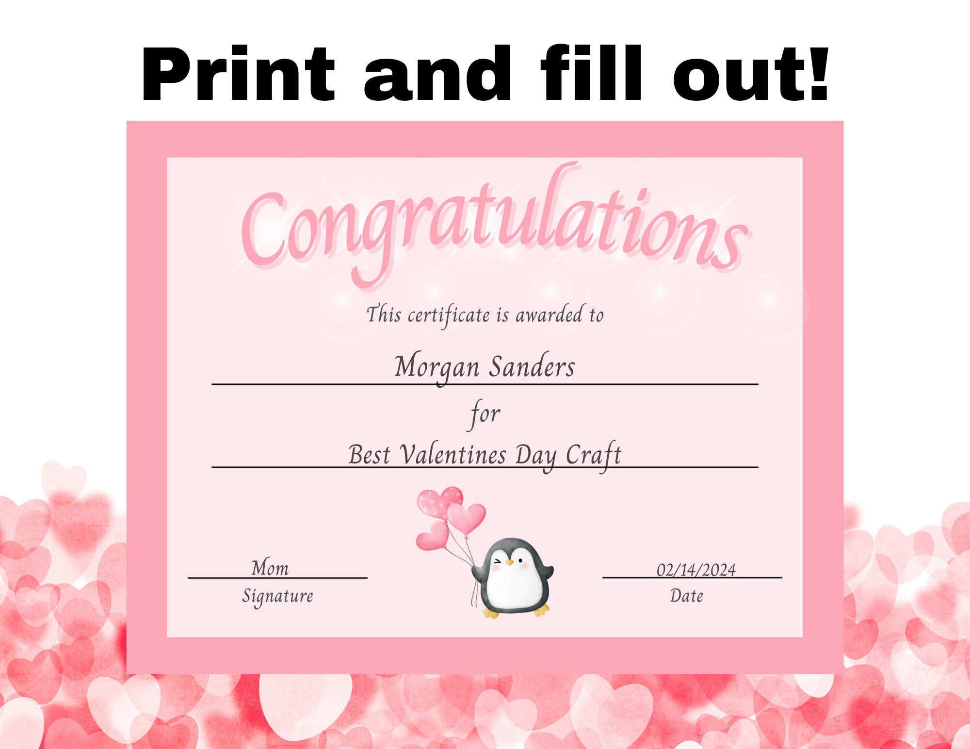 Printable Valentines Certificate Editable Valentines Day Printable Download Award V day