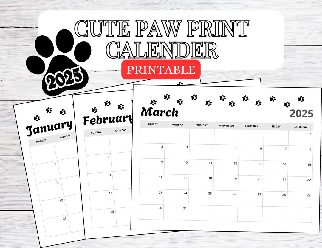 2025 Dog Calendar Print, Printable Puppy Paw Print, Cute Pet Calendar 2025 Dog Calendar Print, Printable Puppy Paw Print, Cute Pet Calendar