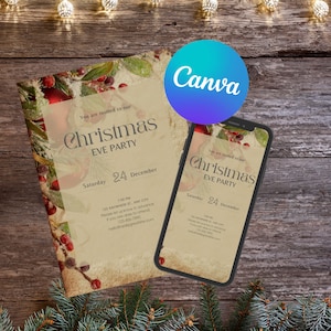 Editable Canva Christmas Party Invitation, Christmas Party Invitation, Party Announcement, Printable Template, Vintage Christmas Invitation