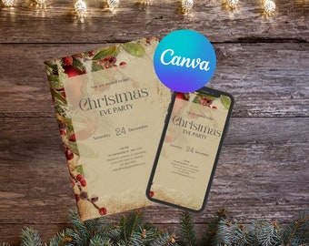 Editable Canva Christmas Party Invitation, Christmas Party Invitation, Party Announcement, Printable Template, Vintage Christmas Invitation