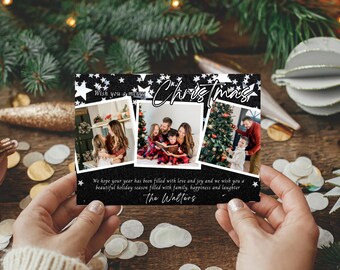 Christmas Family Photo Editable Printable Card, Personalized Card with kids baby family photoshoot, Merry, Stars, 5x7, DIY Canva Template