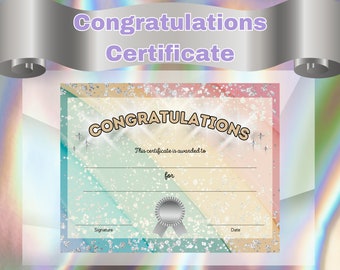 Printable Congratulations Colorful Rainbow Certificate For Kids, Student Child Award Certificate Printable, Girl Award, Instant Download