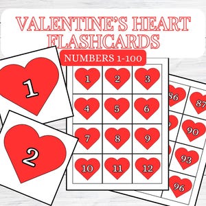 Conta fino a 100 numeri Flashcards, numeri di apprendimento per San Valentino, schede di conteggio stampabili fai da te per bambini, materiale Montessori, cuore