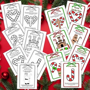 Könnte beinhalten: Ein Satz von 12 druckbaren Malvorlagen mit weihnachtlichen Motiven und Bibelversen. Die Vorlagen beinhalten einen Zuckerstock, einen Hirtenstab, ein Schloss und ein Kreuz. Die Vorlagen sind für Kinderaktivitäten oder Sonntagsschulunterricht gedacht.