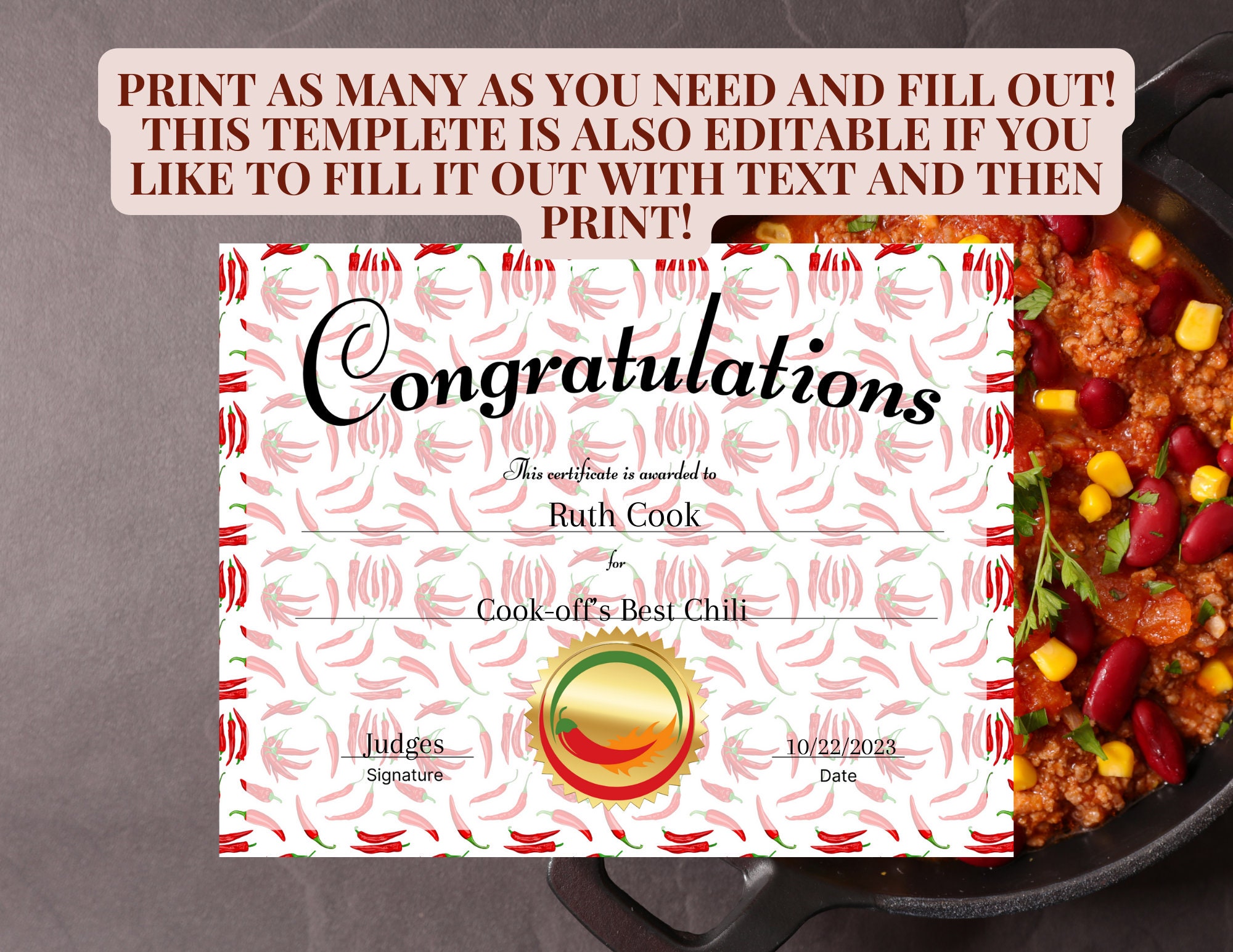 Printable Chili Cook off Certificate Award Winner of Games Best Chili