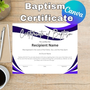 Baptism Certificate Printable, Christian Editable Canva Template Certificate Print, Customizable Instant Download Baptism Printable, Canva
