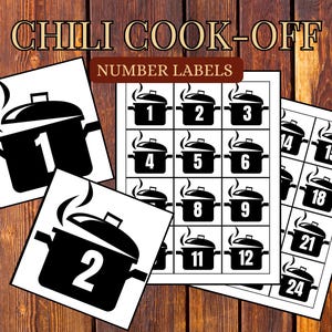 Puede incluir: Etiquetas numeradas para concurso de chili, imprimibles en blanco y negro. Las etiquetas representan una olla de dibujos animados con vapor saliendo de la parte superior. Los números del 1 al 24 están incluidos.