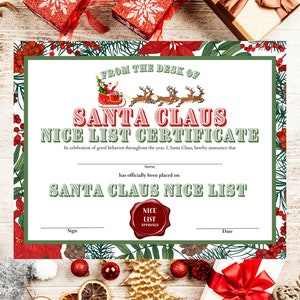 Certificato di lista dei buoni, certificato di lista dei buoni di Babbo Natale stampabile, riempitivi modificabili stampabili scaricabili, modello di certificato di lista dei buoni di Babbo Natale stampa