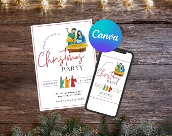 Editable Christmas Canva Template, Nativity Invitation, Christian Party Invitation, Religious Party Invitation, Christmas Party Invitation