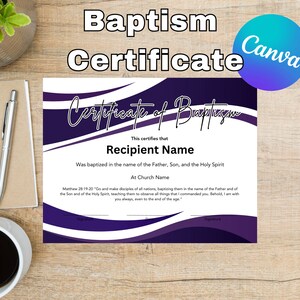 Printable Baptism Certificate, Christian Editable Template Certificate Print, Customizable Canva Editable Baptism Template, Baptism Bible