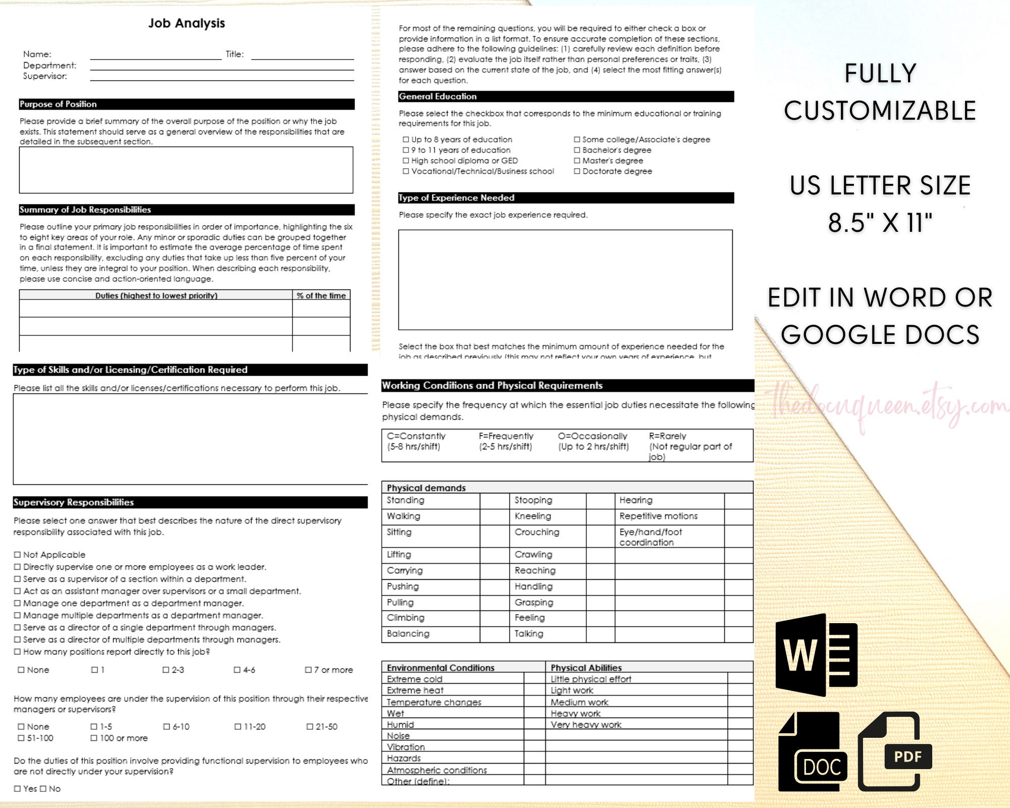 Job Analysis Template - Etsy