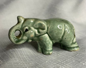 Vintage Celadon Elephant Figurine, Trunk Up