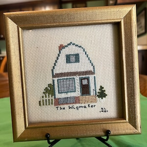 Vintage Handmade Cross stitch of the Wigmaker Shop at Colonial Williamsburg