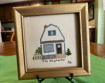 Vintage Handmade Cross stitch of the Wigmaker Shop at Colonial Williamsburg