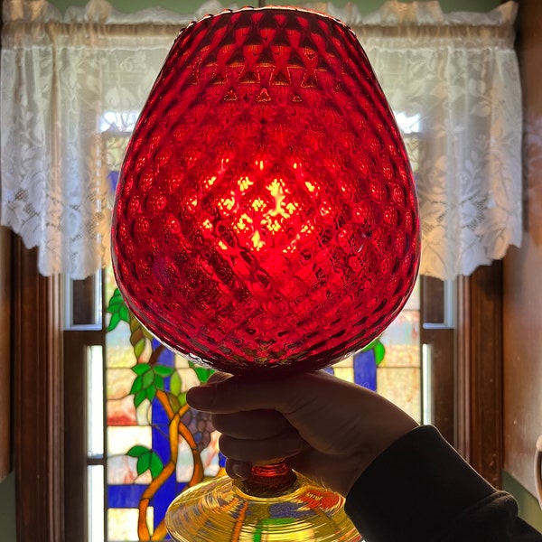 Huge Red Diamond Optic Empoli Glass Goblet Vase, Made in Italy Sticker