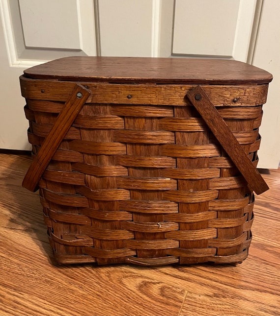 Vintage Large Picnic Basket with Wooden Handles an