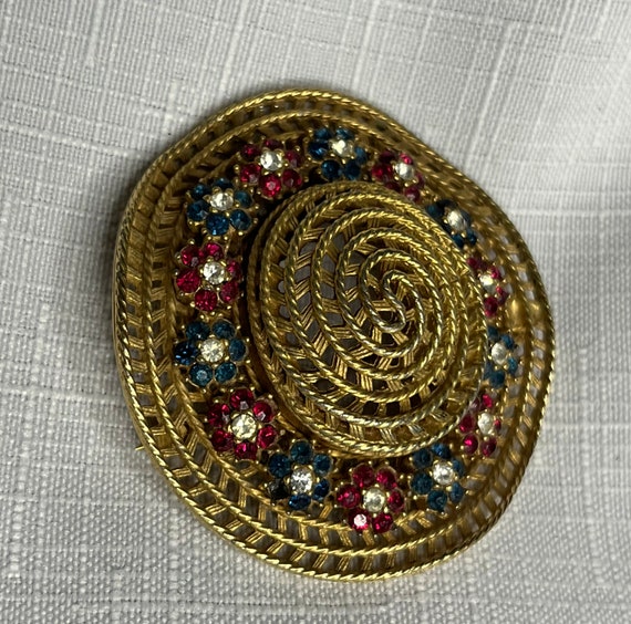 Ciner Gold Tone Hat Brooch with Blue Pink Clear S… - image 1