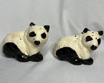 Paire de petits pots de fleurs panda en céramique vintage, porte cure-dents, porte-crayons, craquelures, petites fissures sur 1 pot de fleurs panda
