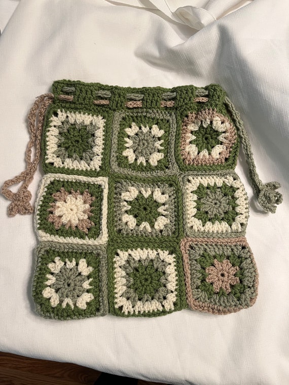 Vintage Handmade Granny Square Crochet Drawstring… - image 1