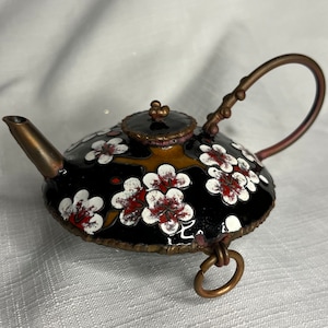 Vintage Copper and Enamel Floral Cloisonne Teapot, Cherry Blossoms