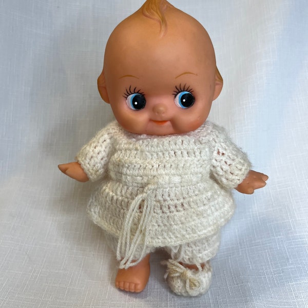 Vintage Kewpie Doll with Crochet Outfit, Soft Rubber Doll, Starfish Hands, 5