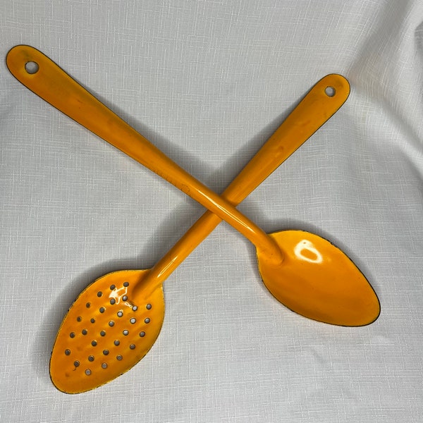 Vintage Yellow Enamel and Metal Large Stirring Spoon and Slotted Spoon (2 Spoons), Kitchen Decor, Wall Decor