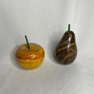 Vintage Polished Stone Fruit Pear and Apple, Plastic/Rubber Green Stem, Hand Carved, Natural Color