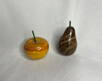 Vintage Polished Stone Fruit Pear and Apple, Plastic/Rubber Green Stem, Hand Carved, Natural Color