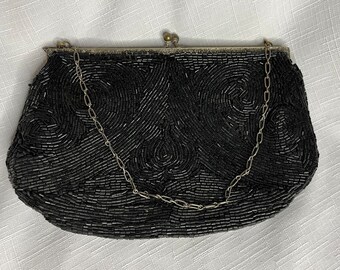 Vintage Black Beaded Evening Bag, Metal Clasp and Metal Chain Strap