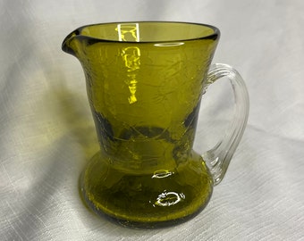 Vintage Pilgrim Avocado Green Crackle Glass Mini Pitcher with Clear Handle