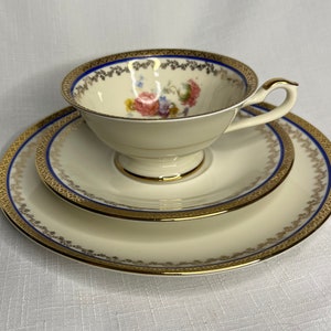 Vintage Seltmann Weiden Germany 3 Piece Set, Teacup, Saucer, Plate, Roses, Cobalt Blue, Gold