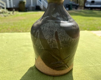 Handmade Pottery Vase, Water Jug, Brown Green Glazed, Signed