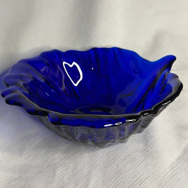 Vintage Blenko Glass Cobalt Blue Cabbage Leaf Bowl