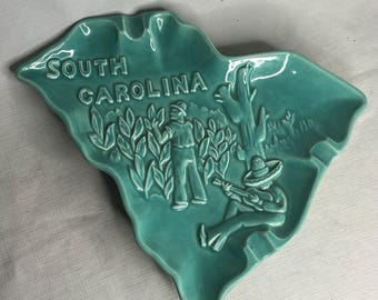 Vintage Royal Haeger Teal State Large Ashtray, South Carolina, R1928, USA