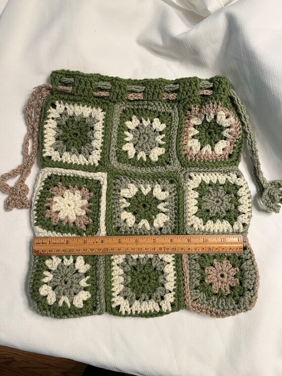 Vintage Handmade Granny Square Crochet Drawstring… - image 6