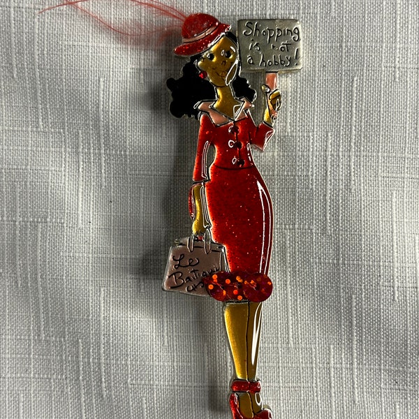 Vintage AJMC Metal and Enamel Pin, Brooch, Shopping is not a Hobby Lady, Red Glitter Dress, High Heels, Feather Hat
