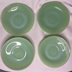Vintage Fire King Oven Ware Jadeite Saucers or Small Plates (4), Three Ribbed, One Smooth, Jane Ray, Made in USA