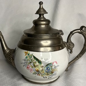 Vintage Pewter and Enamel Floral Teapot, Has Imperfections