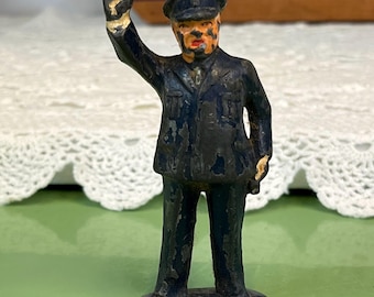 Figurine en plomb Barclay Manoil policier vintage, main levée, montre l'usure