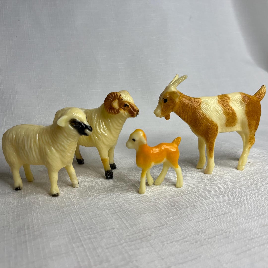 Vintage Nylint Plastic Farm Animals (4), Sheep, Ram, Goat, Lamb