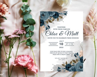 Navy Flower Wedding invitation card | Editable Wedding Card | Greeting Card | Digital Product | Digital Downloads | Wedding Gift Card