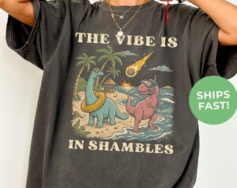 Camiseta Comfort Colors® con estampado de The Vibe Is In Shambles, camiseta retro divertida de dinosaurios, regalo sarcástico y divertido sobre salud mental, camiseta gráfica moderna y estética.
