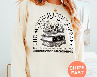 Halloween Bookish Witch Long Sleeve Shirt: Comfort Colors Gothic Tee, Spooky Season Book Lover Gift Tshirt